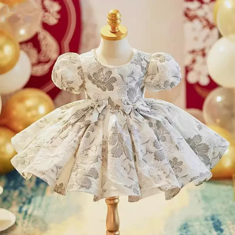 

2024 New Kids Clothes Children Boutique Princess Ball Gown Birthday Baptism Party Girls Bow Print Dresses A3693