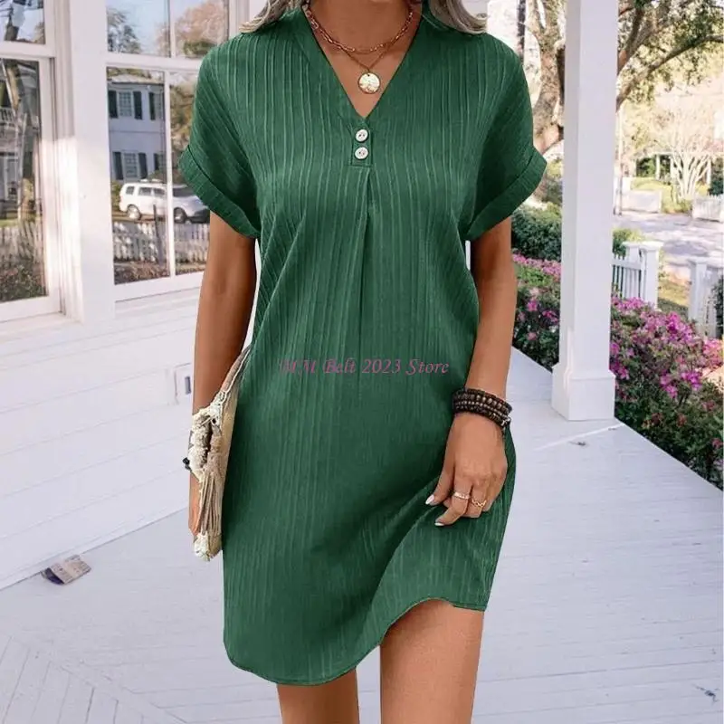 49ME Summer Dresses for Women Casual Button V Neck Short Sleeve Tunics Trendy A Line Ribbed Mini Work T Shirt Dress