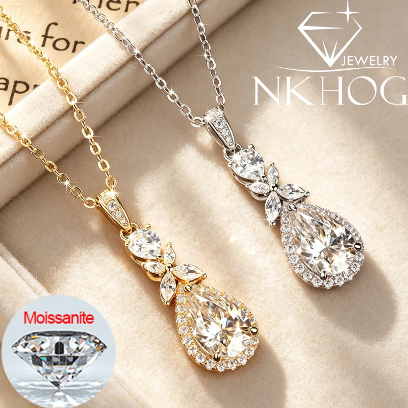 NKHOG 2.5CT Moissanite Necklace For Woman Pear Cut Teardrop Halo Pendant Wedding Flower O-chain Necklaces Certified Jewelry Gift