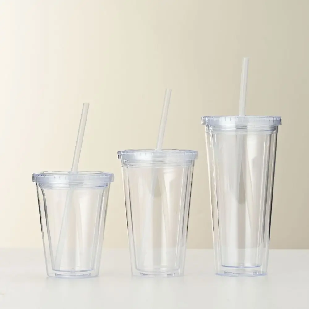 350/450/650ml Clear Tumbler Double-Layer with Lid and Straw Iced Coffee Cup Plastic Transparent Water Bottle Home Use