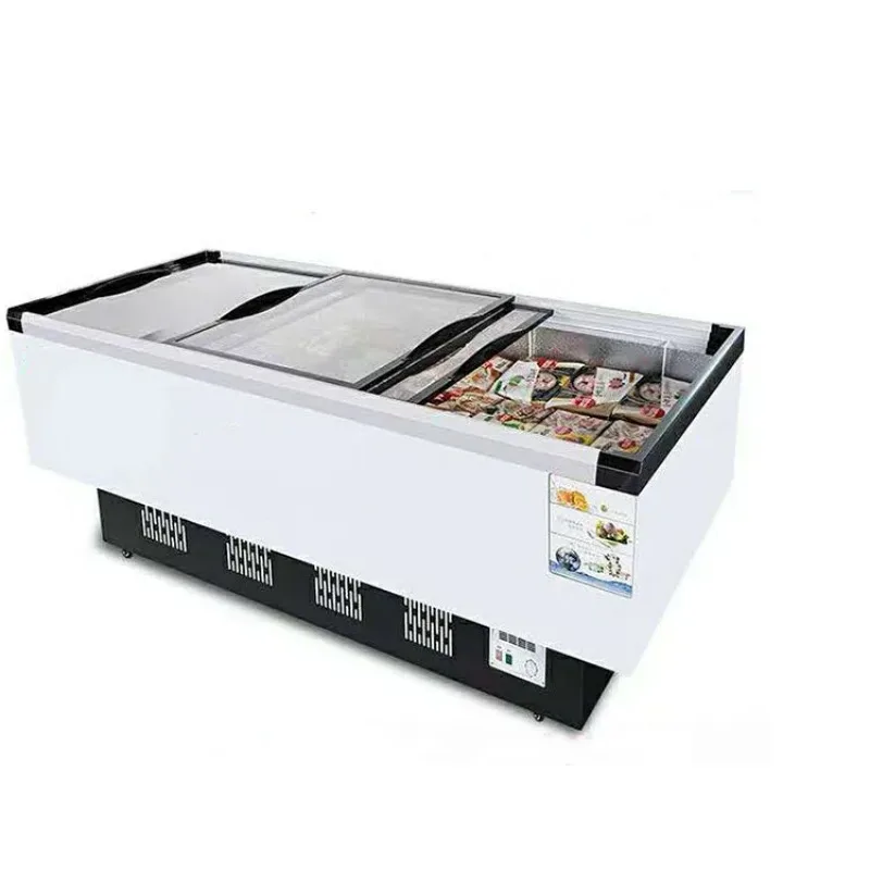 Large Chest Freezer Compressor Supermarkets Tempered Glass Display Island Freezer Fresh Meat Milk Ice Cream Cooling Climate Type