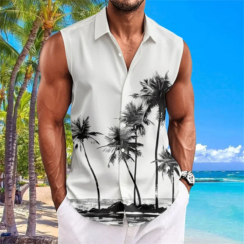Hawaiian style men's sleeveless shirt, lightweight and breathable beach vacation casual shirt, summer new men's top.