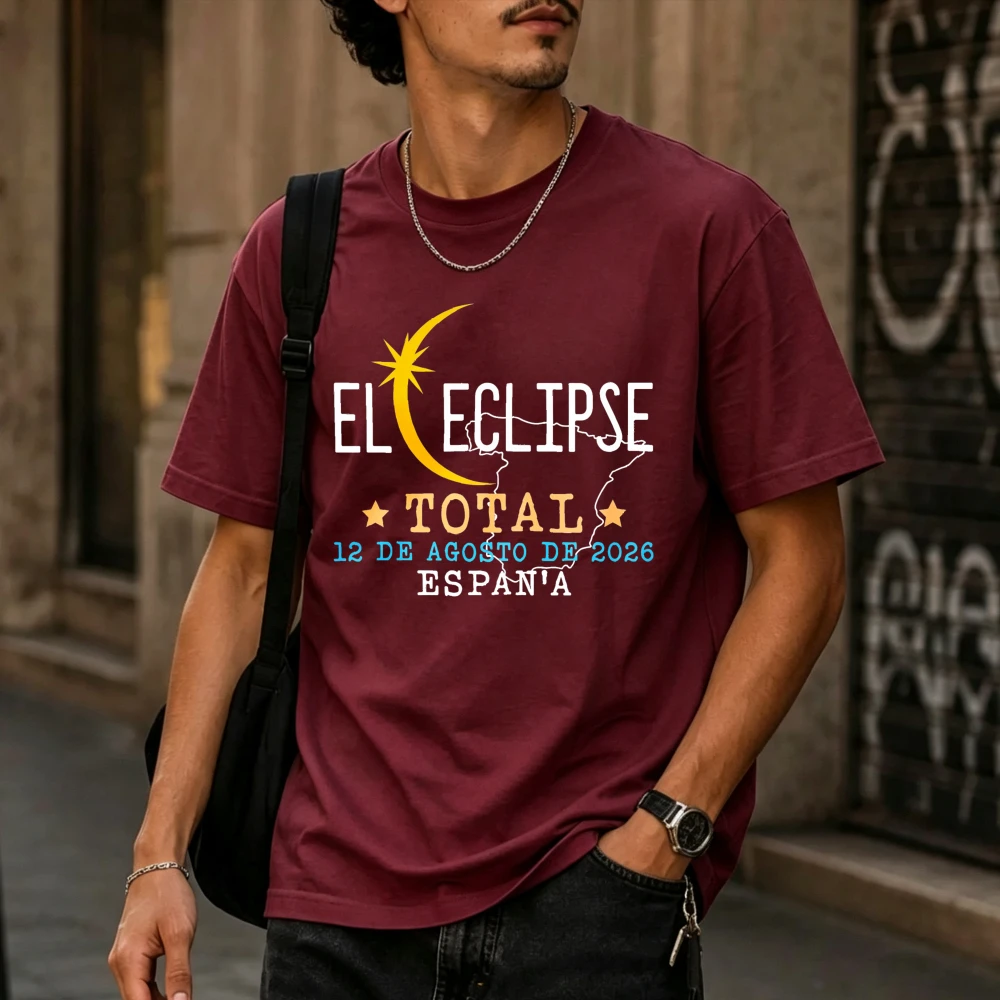 El Eclipse Total 12 De Agosto 2026 Spain Map Crescent Sun Men Cotton T-Shirt Spanish Astronomy Retro Country Graphic  Apparel