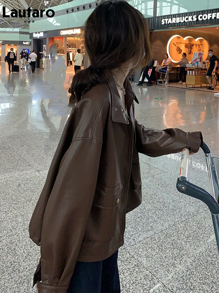 Lautaro Spring Autumn Oversized Short Brown Black Soft Faux Leather Jackets for Women Pockets Casual Loose Korean Fashion 2022