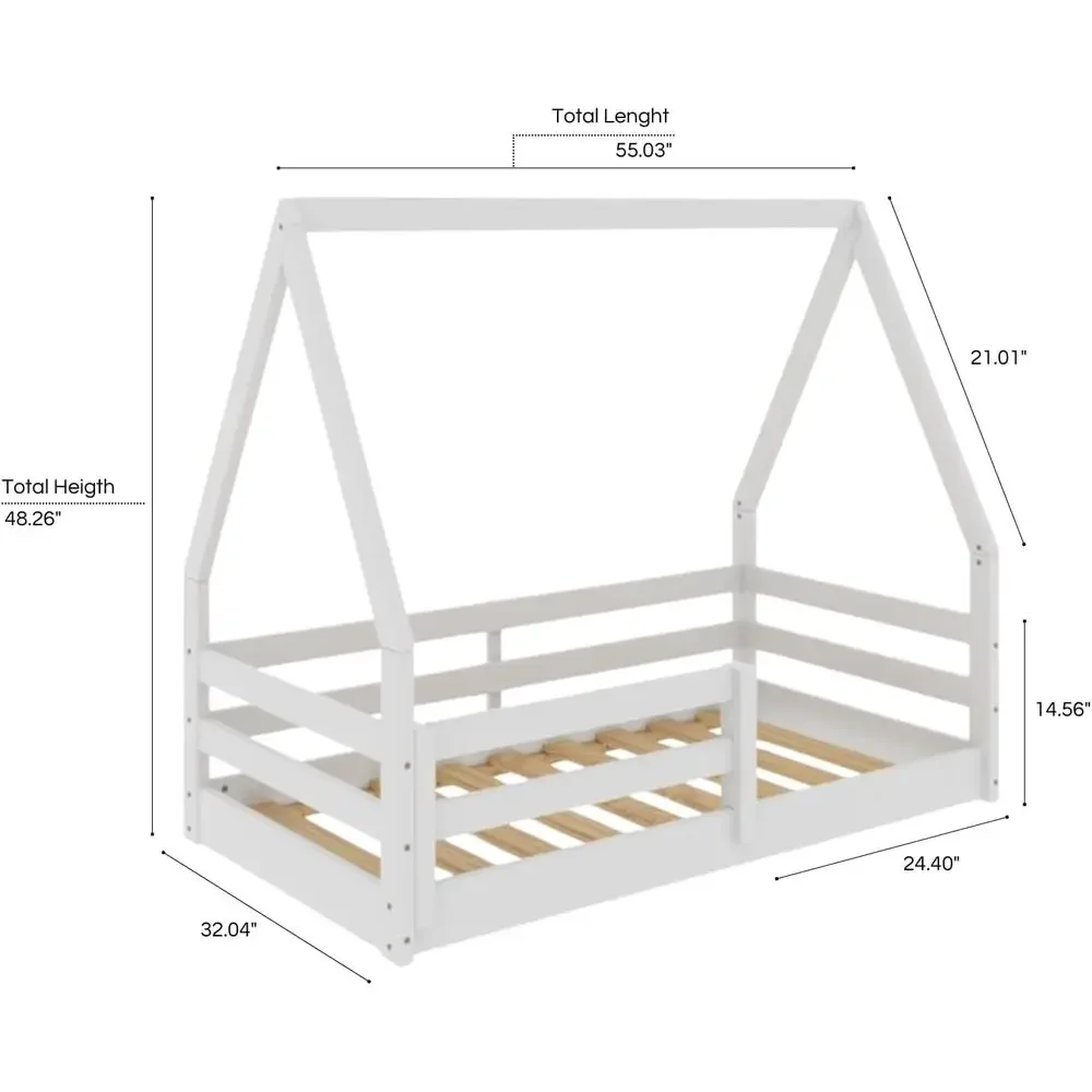 Montessori Toddler Solid Wood Floor Bed, White Painted House Frame