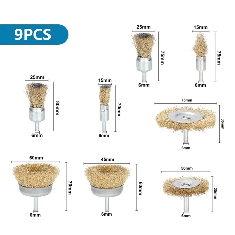 Escova de roda de fio de haste de 6mm, 6/7/9 peças, fio de aço, mini escova, ferramenta rotativa para roda de polimento Dremel, acessórios de escova