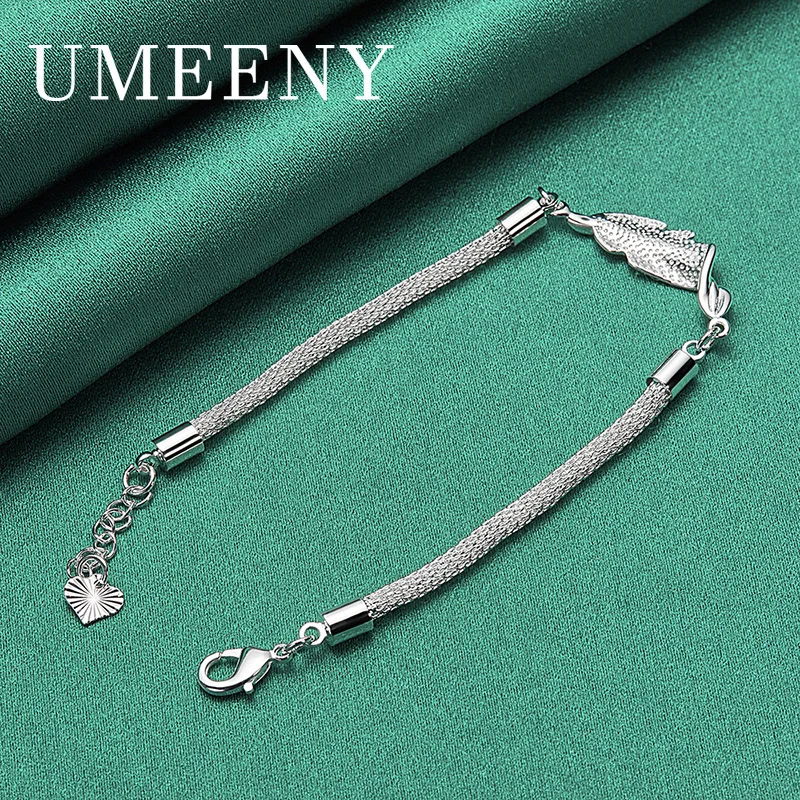 

Luxury 925 Sterling Silver 8 Inch Exquisite Leaf Braided Bracelet Women Fashion Simple Jewelry