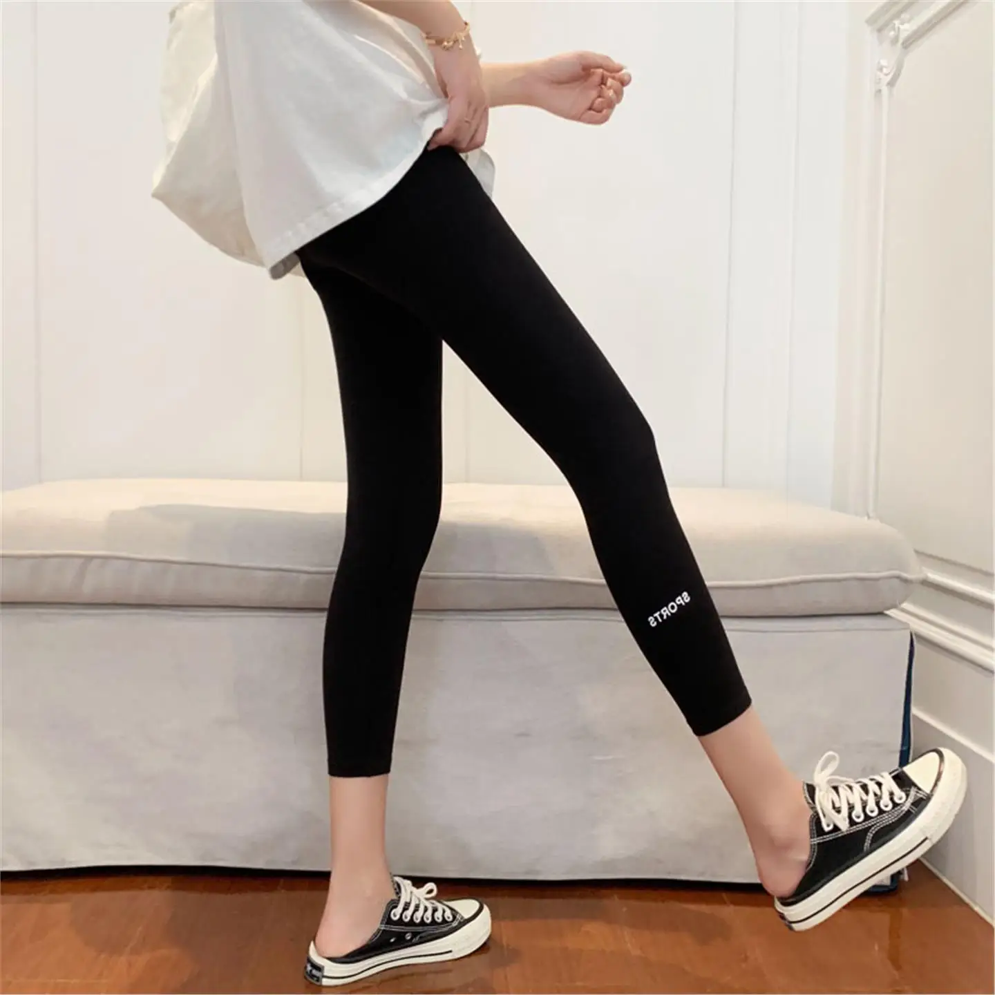 ey Pantaloni da yoga a vita alta da donna in cotone sottile elasticizzato vestibilità attillata in puro cotone Bot a nove punti strato base estivo Tro...