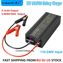 12V Lifepo4 Charger 12.8V/14.6V 60A 100A Battery Charger 100A Fast Charger 100V-220V Current and Voltage Dual Display Adapter
