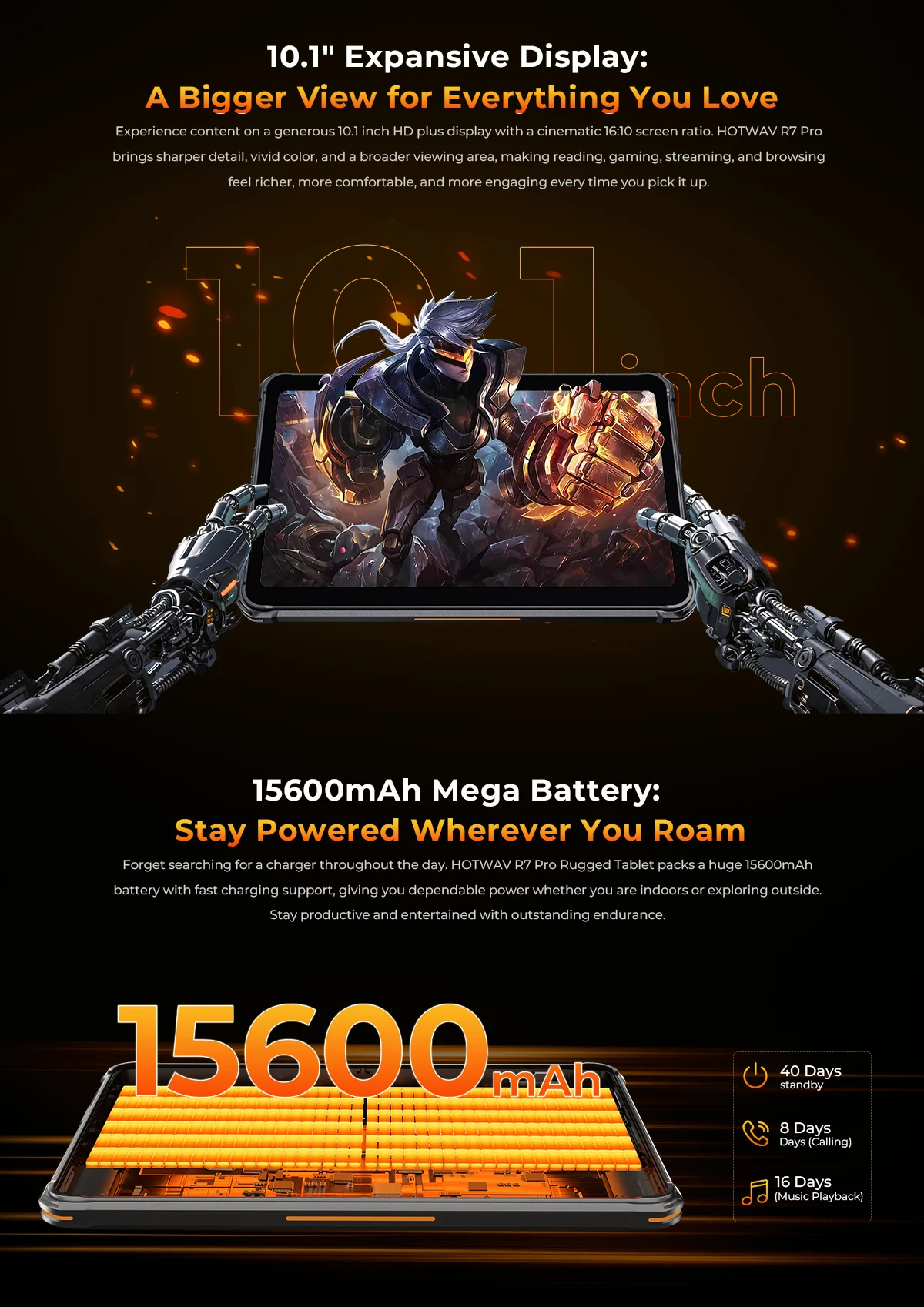 HOTWAV R7 Pro 10.1'' HD 120Hz Display 1080P Rugged Tablet 15600mAh Massive Battery 20W Fast Charging Android 16 Super Camping Light Pad 8GB RAM 256GB ROM 20MP + 5MP Camera Self-Developed AI Toolset Octa-core Tablet PC With Flexible Aluminum Stand