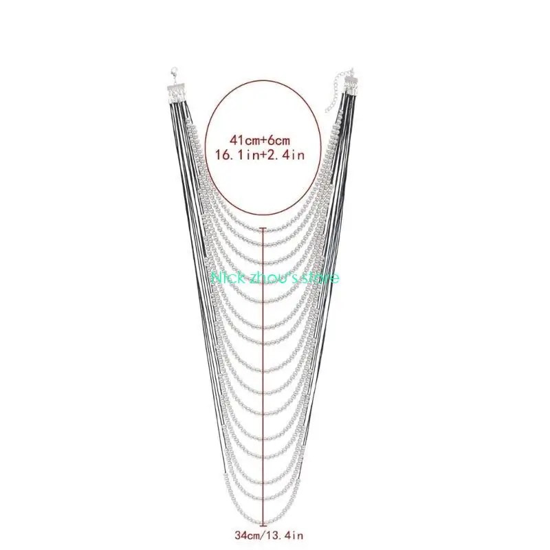 E15E Long Statement Necklace Waterfall Multi Strand Neckchain Fashionable Clavicle Chain Accessory for Dress Prom Party