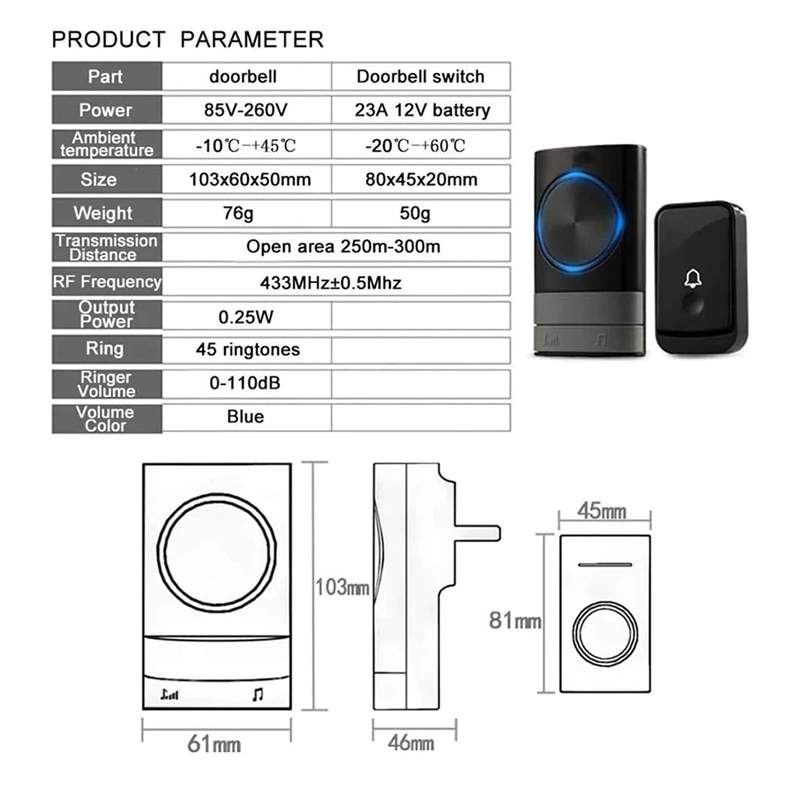 Wireless Doorbell Waterproof Doorbell Kit 200 Meter Range With 45 Melodies, 4 Volume Level 2 Receiver For Office US Plug