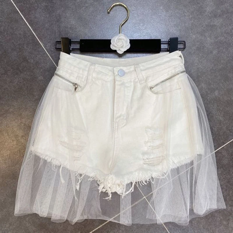 الشارع الشهير ممزق الدينيم السراويل النساء Y2K شبكة المرقعة واسعة الساق السراويل الجينز الكورية عالية الخصر تصميم عادية قصيرة السراويل الساخنة