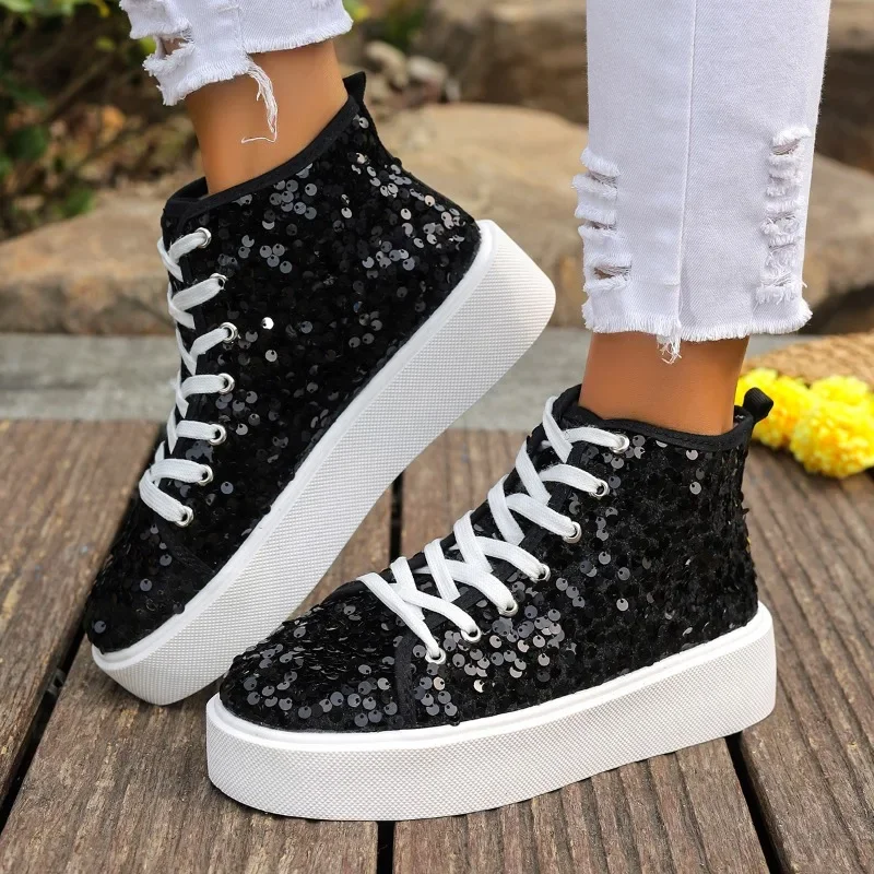 2024 Women's Simple Lace Up High Top Casual Shiny Fine Glitter Flat Shoes Casual Shoes Sneakers Summer Flat Shoes Zapatos