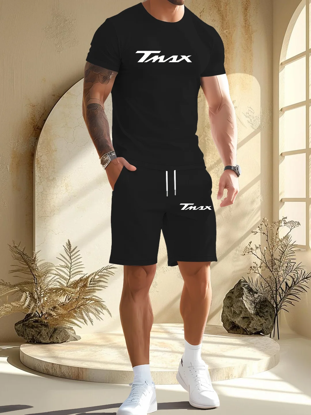 

Summer men's fitness fashion men's casual sportswear set, quick drying sportswear short sleeved T-shirt shorts 2-piece set
