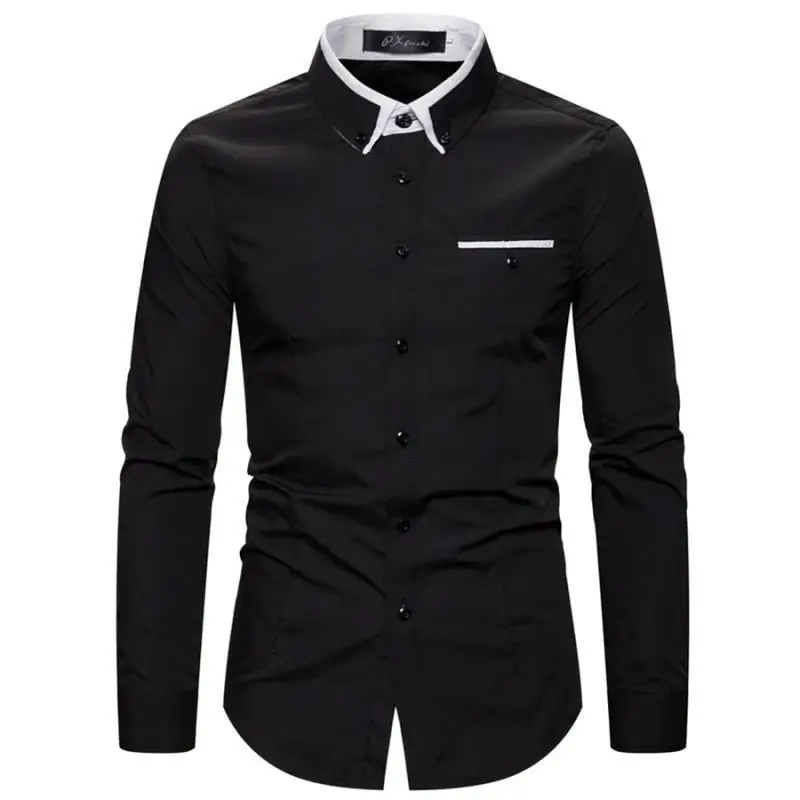 2023 New Spring and Autumn Fashion Simple Double Layer Collar Long Sleeve Slim Fit Solid Color Casual Men's Versatile Shirt