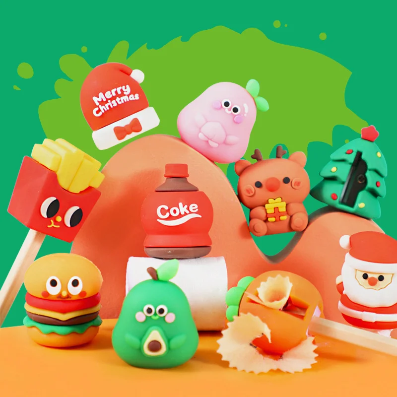 

1 Pcs Cartoon Pencil Sharpener Creative Cute Children's Gift Silicone Manual Santa Claus Christmas Shape Hamburger Fries
