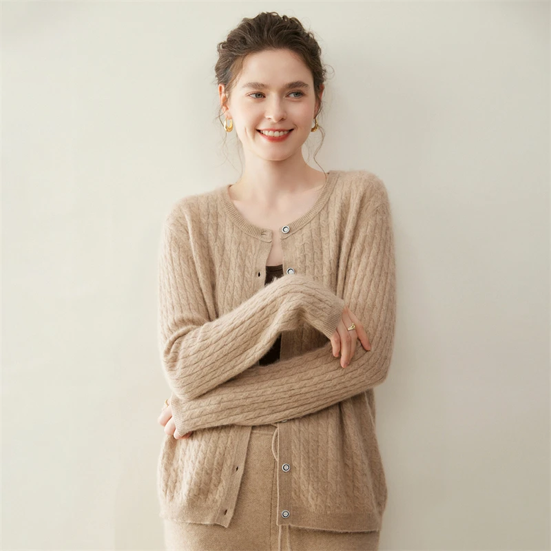 

Chic O-Neck Button Twisted Cable Sweater Autumn Winter Women's Grace Office Lady knitted Cardigan Luxury 100% Cashmere New Tops