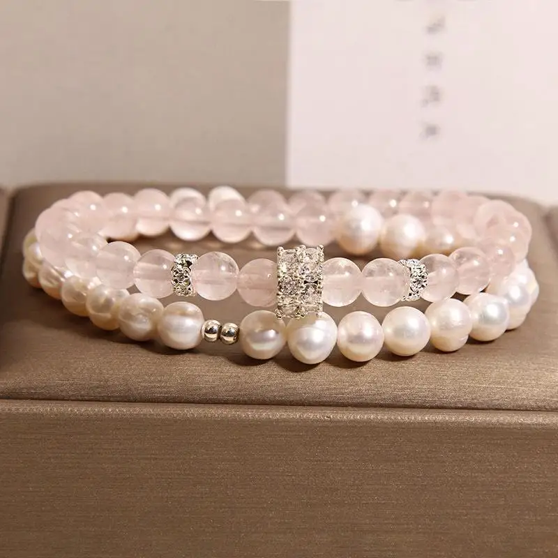 

Новый браслет с розовыми кристаллами в китайском стиле для женщин, легкий роскошный нишевый изысканный браслет из натурального жемчуга с двойным кругом