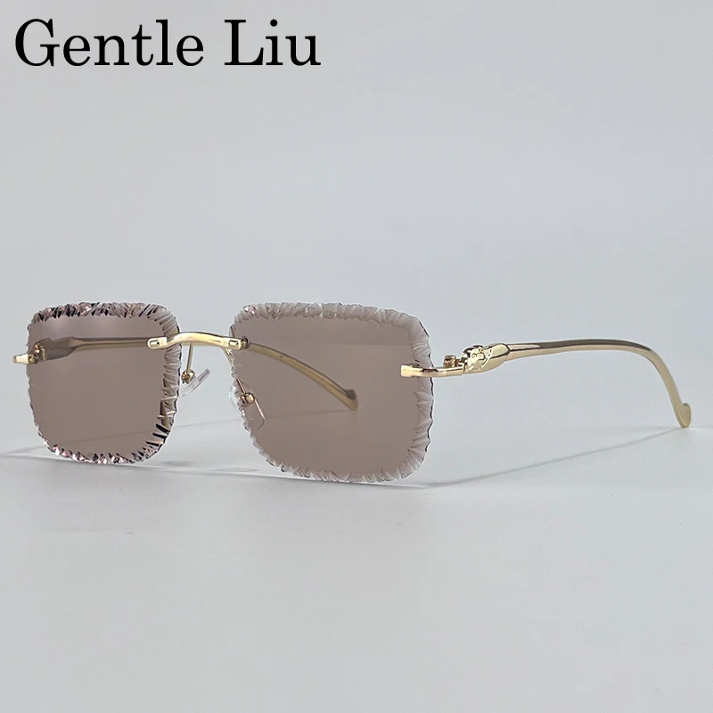 

Fashion Square Rimless Punk Sunglasses Men 2025 Luxury Brand Cut Edge Frameless Sun Glasses For Male Leopard Head Eyewear Shades