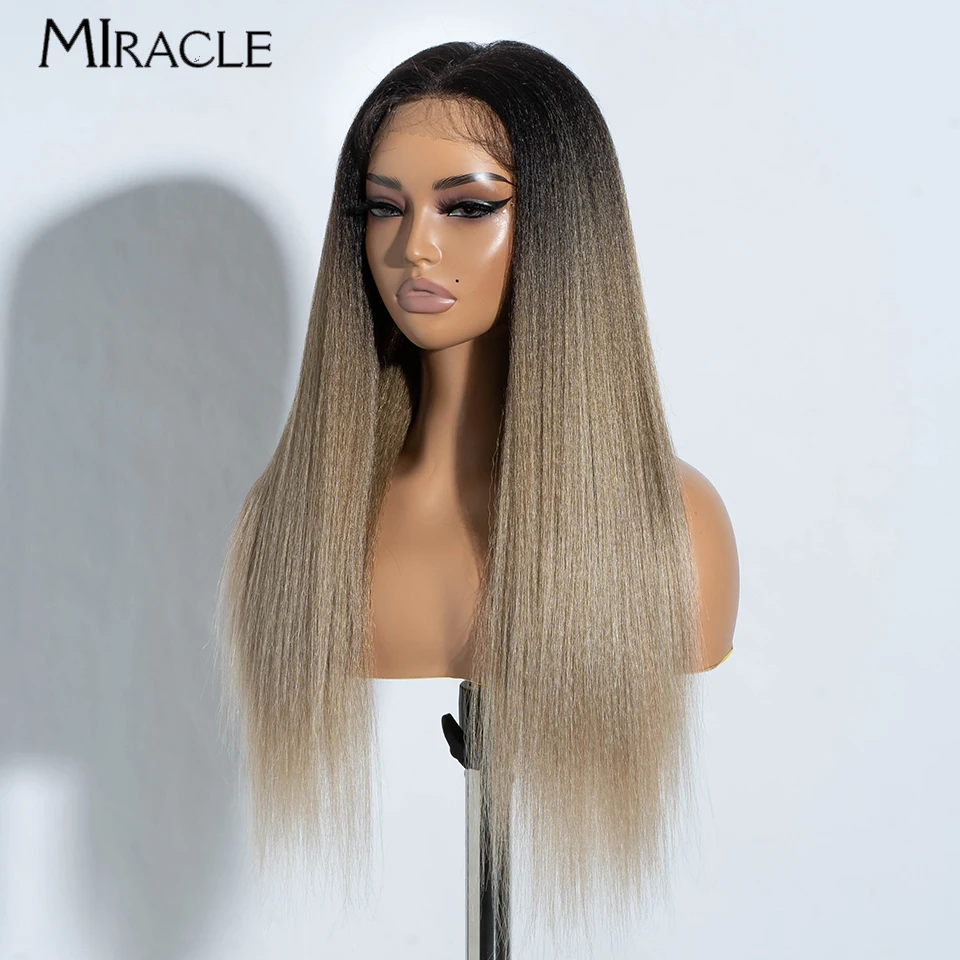 Miracle-peluca sintética con malla frontal para mujeres negras, peluca recta Yaki de 26 pulgadas, ombré, Rubio, marrón, 13x4