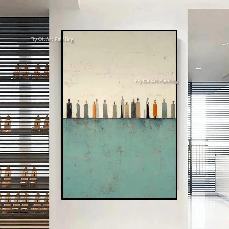 تصميم بسيط مرسومة باليد مجردة أصفر أسود الناس النفط الطلاء على قماش عمل فني شعبي جديد الأخضر البيج جدار ديكور فني #2