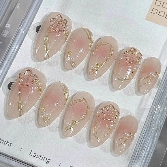 

10PCS Pink Blush French Handmade Press on Nails 3D Flower Golden Irregular Lines False Nails with Pearl Sweet Medium Almond Nail