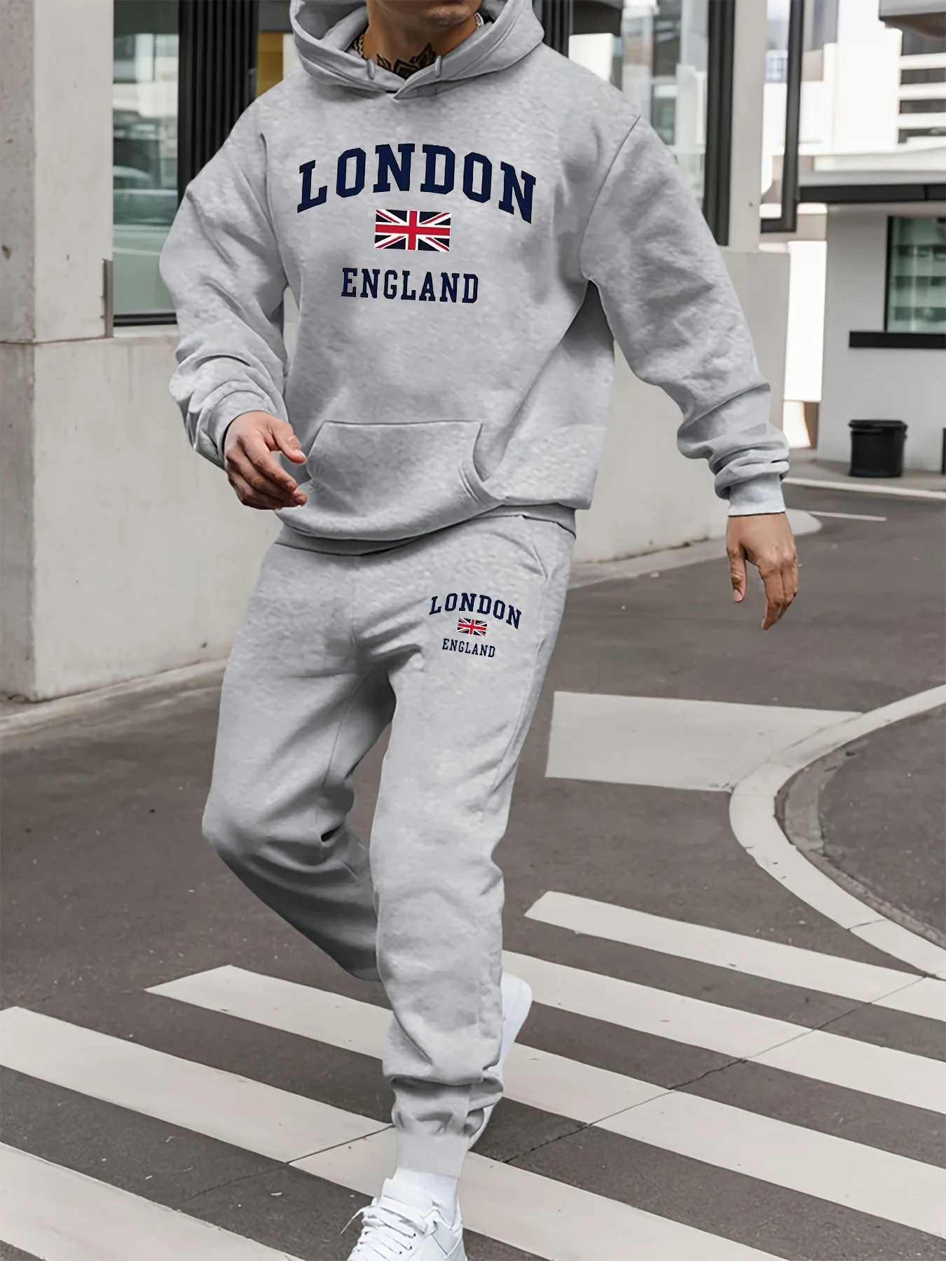Conjunto de sudadera deportiva con capucha y pantalones de chándal para hombre, moda informal, cálida, con estampado de Londres y Inglaterra, holgada y gruesa, Otoño/Invierno
