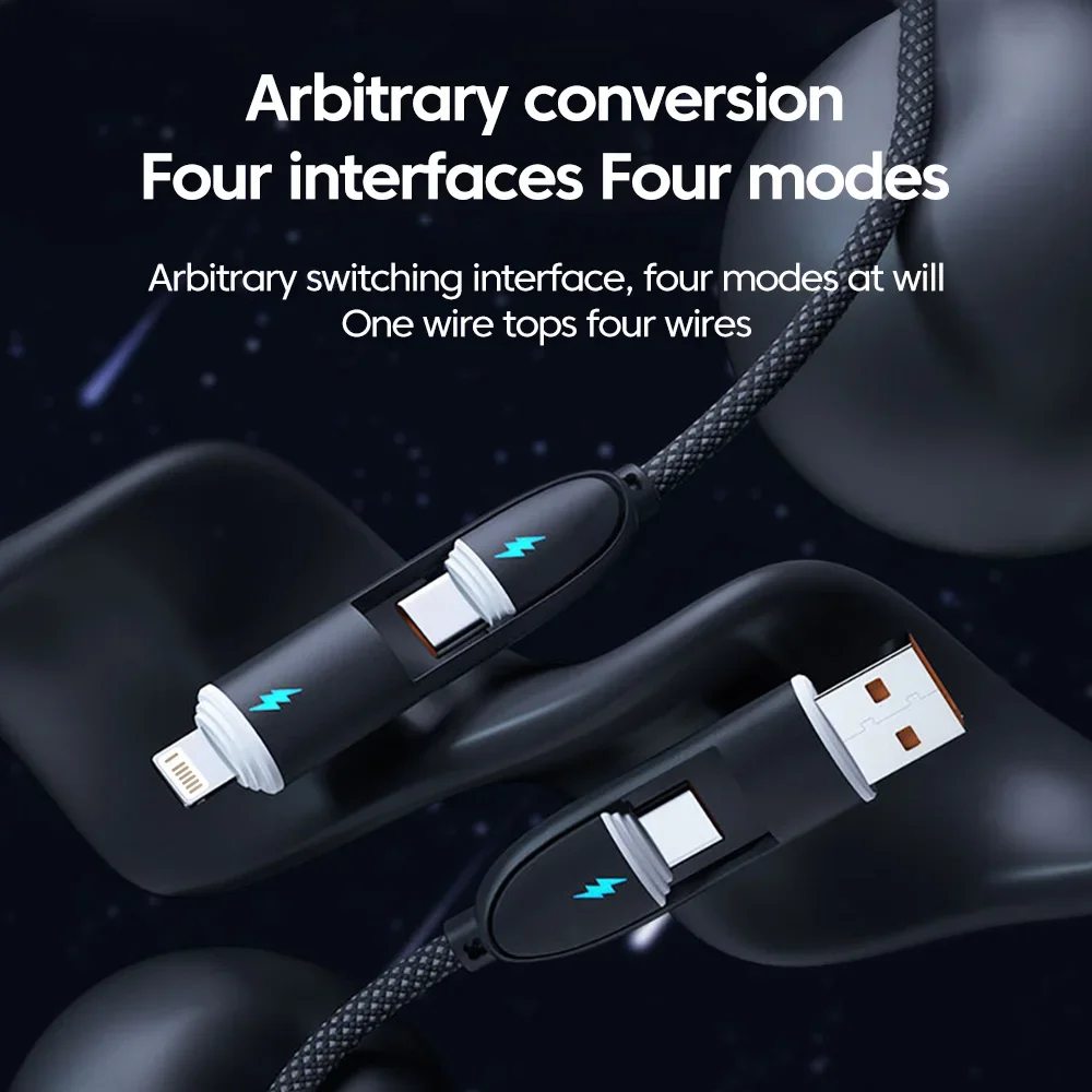 4-in-1 Multifunctional 66W Fast Charging Cable 6A Type C Charger Cord For iPhone15 Pro Max Huawei Xiaomi USB C Data Wire