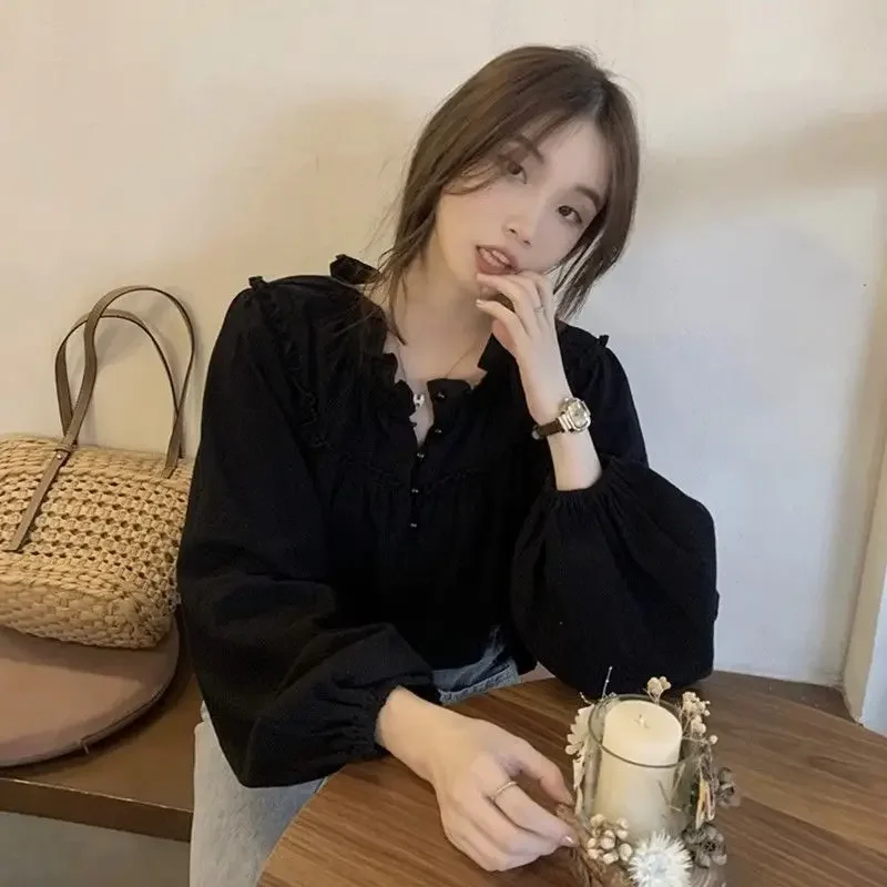 بلوزات نسائية أنيقة هاراجوكو بمزاج بسيط عتيق للربيع رائجة البيع بلوزات فضفاضة تناسب كل مباراة أساسية متينة بأكمام طويلة أنيقة