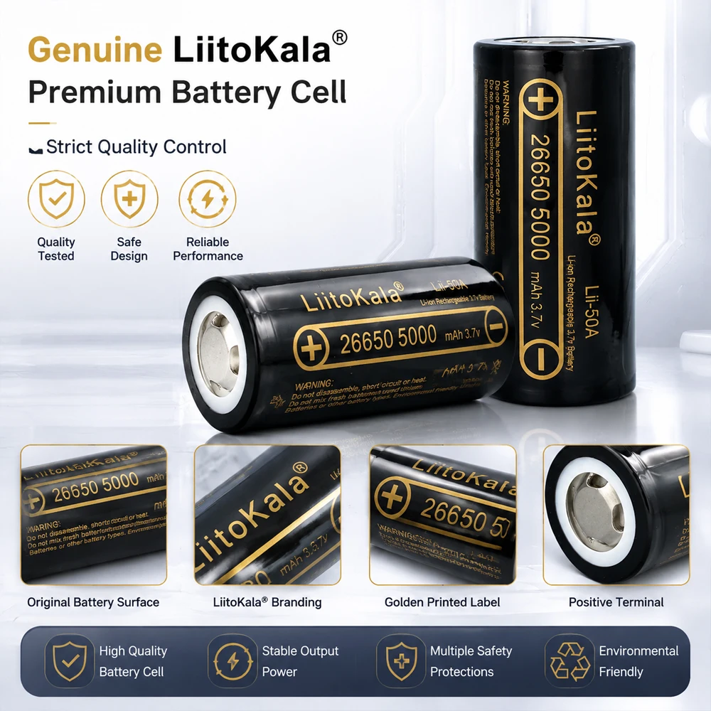 LiitoKala 26650 Battery 5000mAh 3.6V Li-ion Rechargeable Battery High Drain Flat Top Cell for Flashlight Power DIY