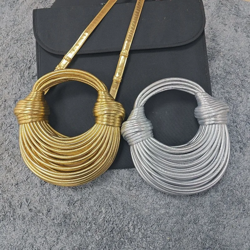 

Handbags for Women 2025 New Gold Luxury Designer Brand Handwoven Noodle Bags Rope Knotted Pulled Hobo Silver Evening Clutch Chic