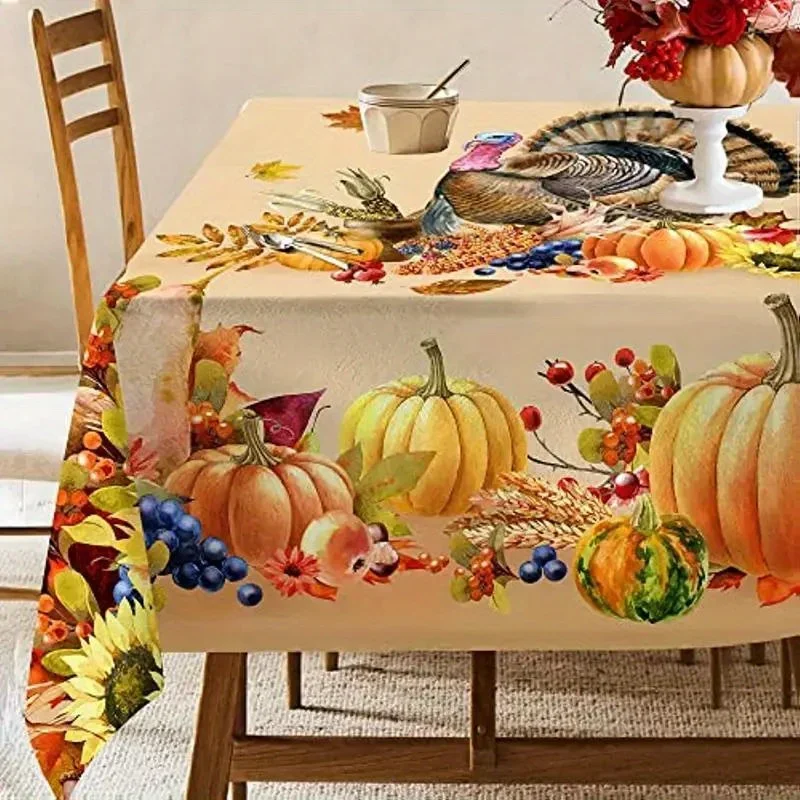 Rectangle Thanksgiving Turkey Tablecloths Autumn Pumpkin Flowers Maple Leaf Table Cover Kitchen Holiday Party Dining Table Decor
