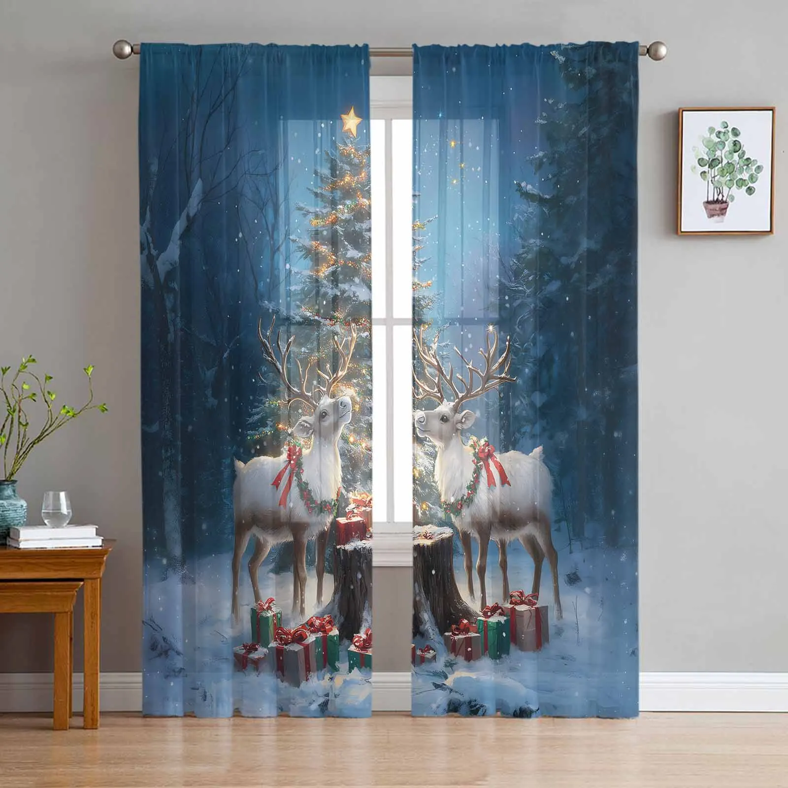 Christmas Tree Stump Reindeer Forest Gift Bedroom Transparent Sheer Curtains Holiday Decoration Window Voile Tulle Curtain