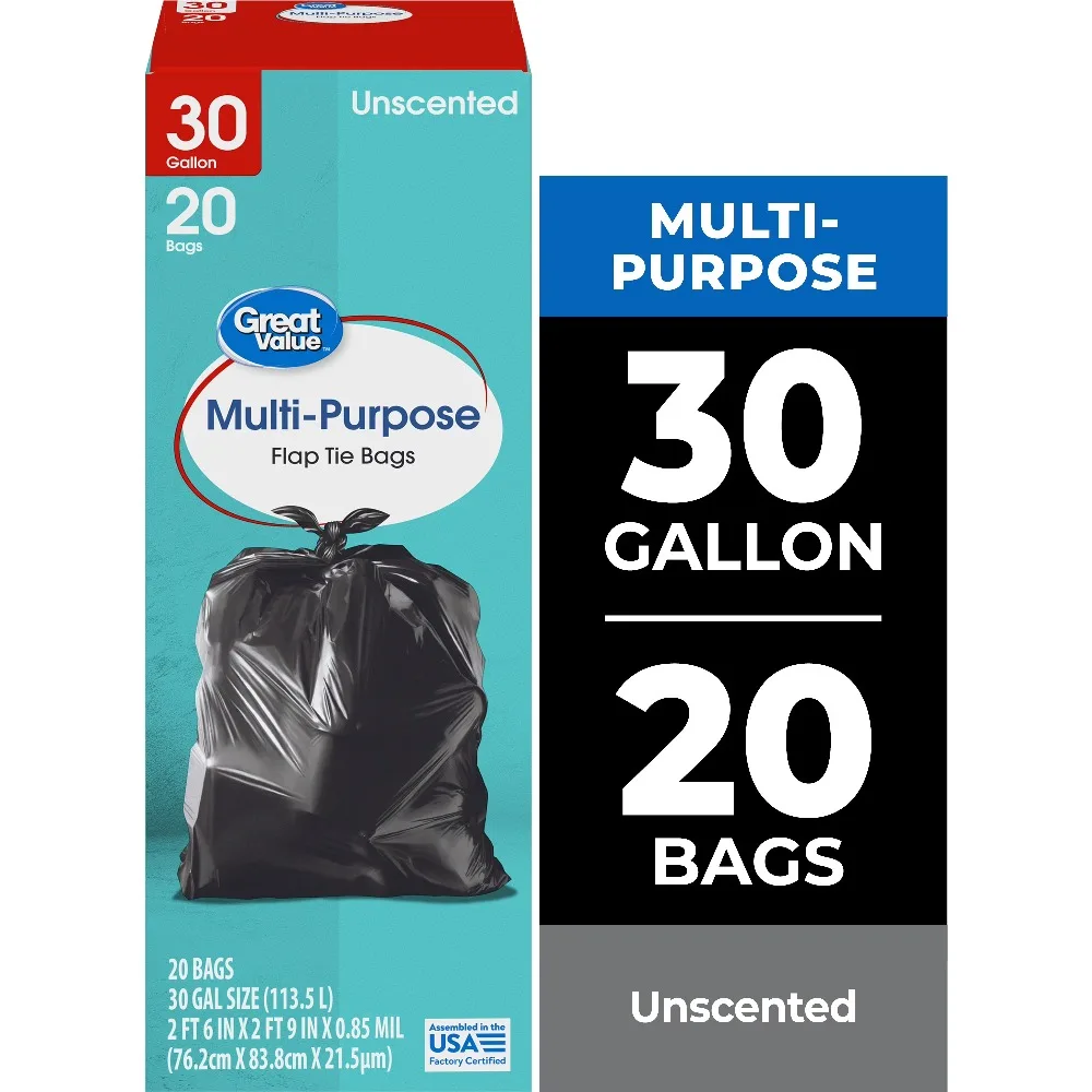 

30 Gallon Large Trash Bags with Flap Tie Closure Heavy Duty Garbage Bags 20 Count Roll for Kitchen Home Commercial Use Strong Drawstring Waste Bags