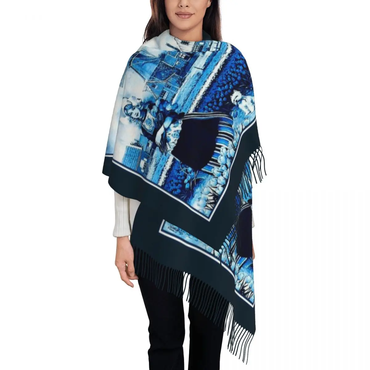 

Custom Print Dutch Blue Delft Vintage Windmill Farm Art Scarf Women Men Winter Warm Scarves Shawl Wrap