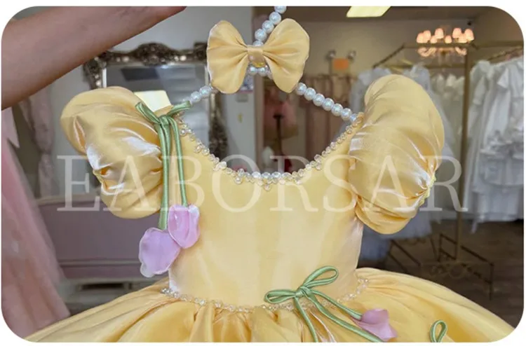 Neues Kinderkleid mit Puffärmeln für Klavieraufführungen, Geburtstagsfeiern und Partys A5019 Vestidos Blumenmädchenkleider – Detail 7