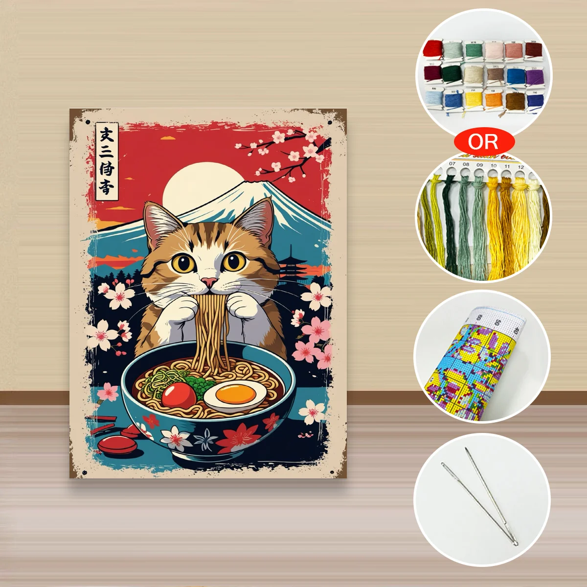 1 Stück 30x40cm/11,8x15,7 Zoll, 11Ct/14Ct Kreuzstich-Set, DIY Valentinstagsgeschenk, Stickerei-Set für Festlichkeiten, Ramen-Katze im japanischen Stil – Detail 3