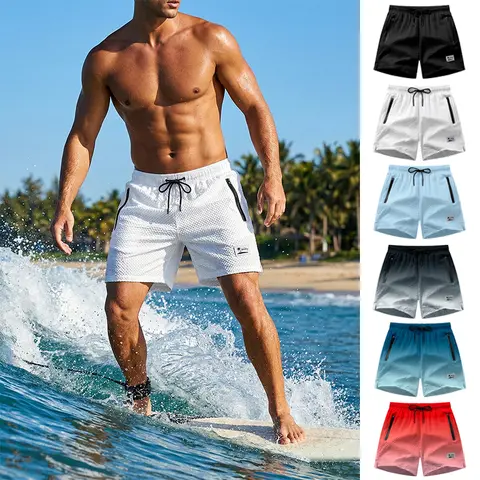 Men's Seersucker Beach Shorts with Mesh Liner Summer Casual Board Shorts with Zipper Pockets Quick Dry Swim Shorts Swim Trunks