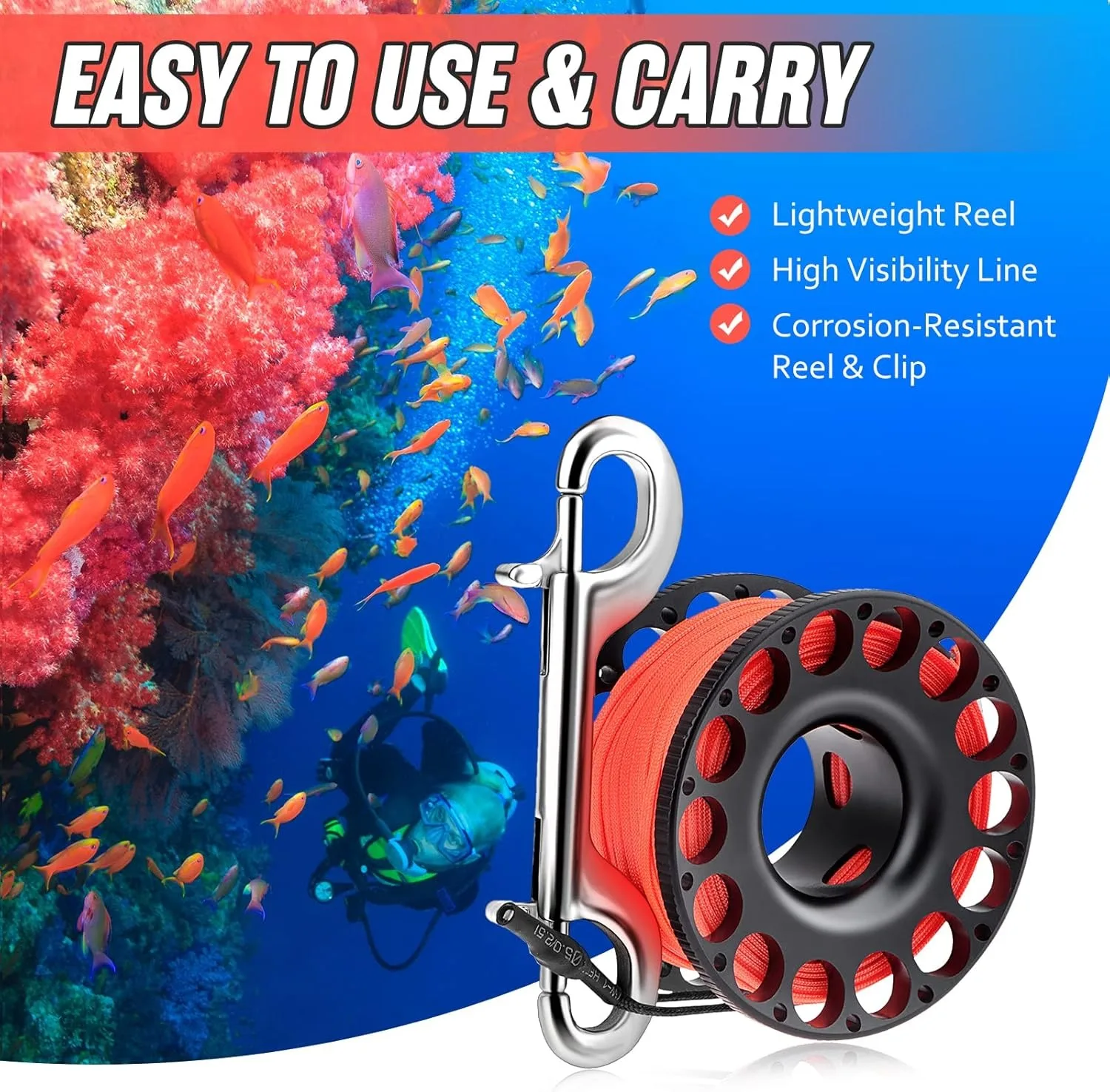 30M Aluminum Alloy Scuba Diving Reel with Stainless Steel double ended hook SMB Equipment Cave Dive