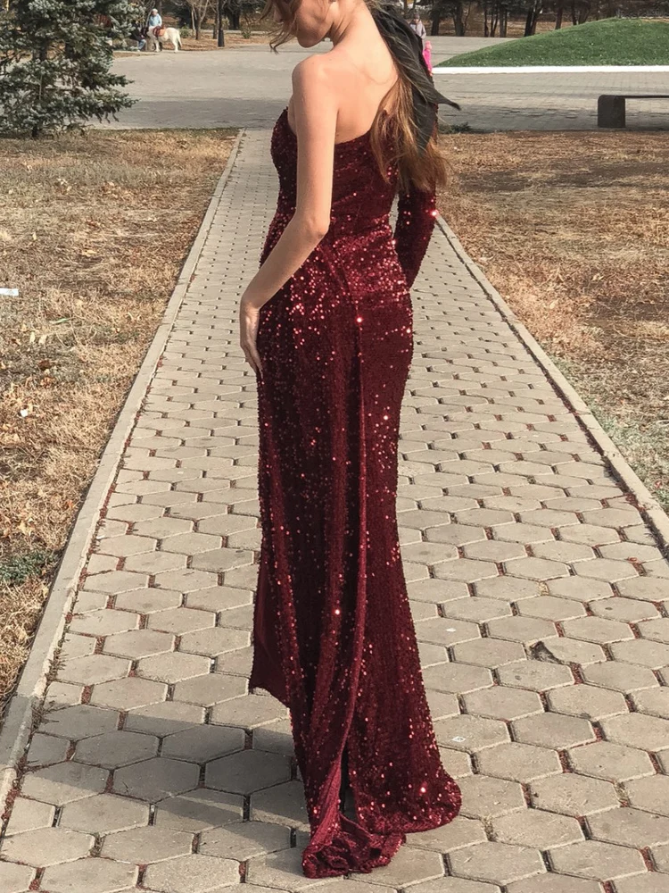 One Shoulder Long Train Stretch Sequin Party Dress Padded Bodycon Open Back Evening Night Gown