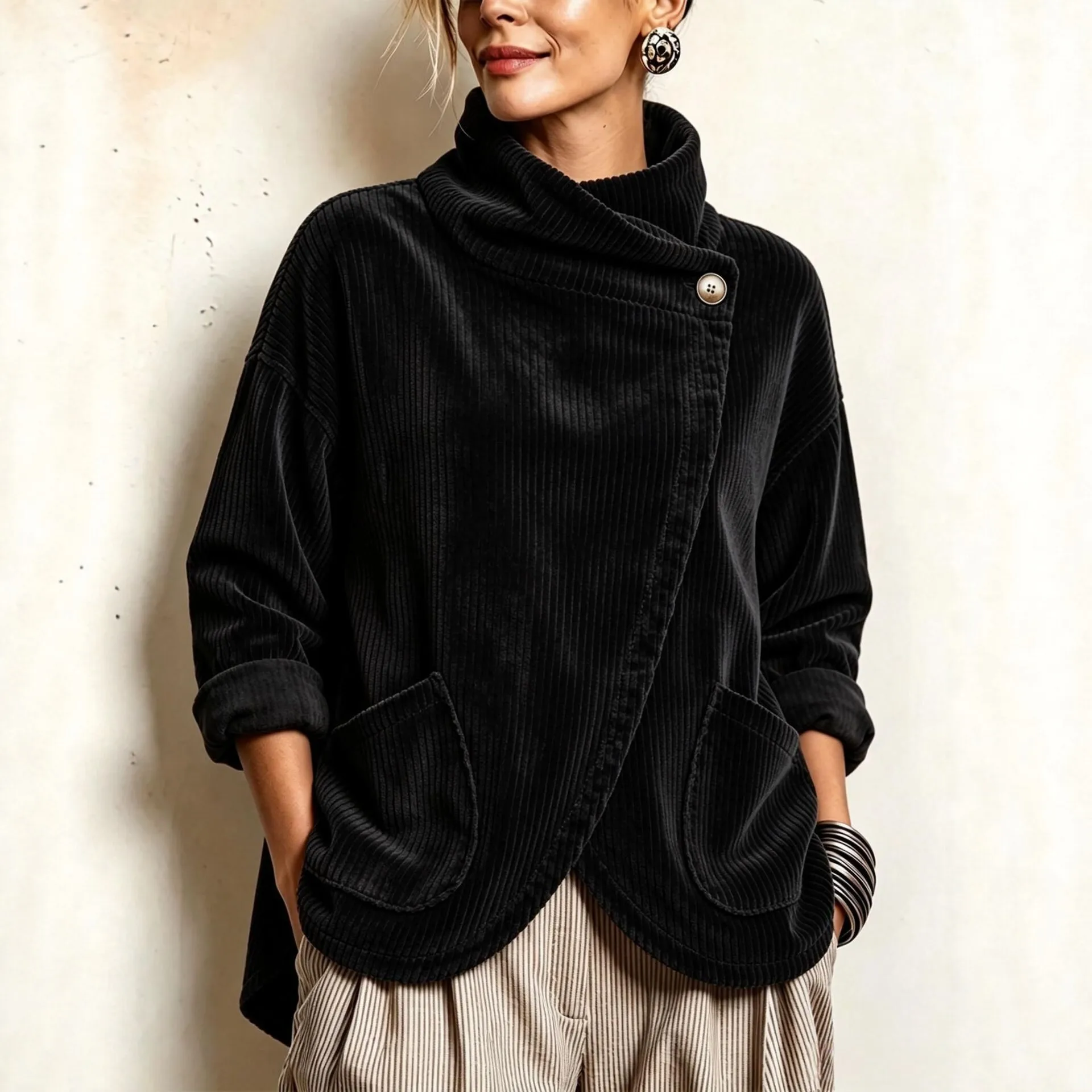 Loose Fit Button Front Top Japanese and Korean Casual with Autumn Wrinkle Resistant Finish Long Sleeves Demi Season Women Jacket