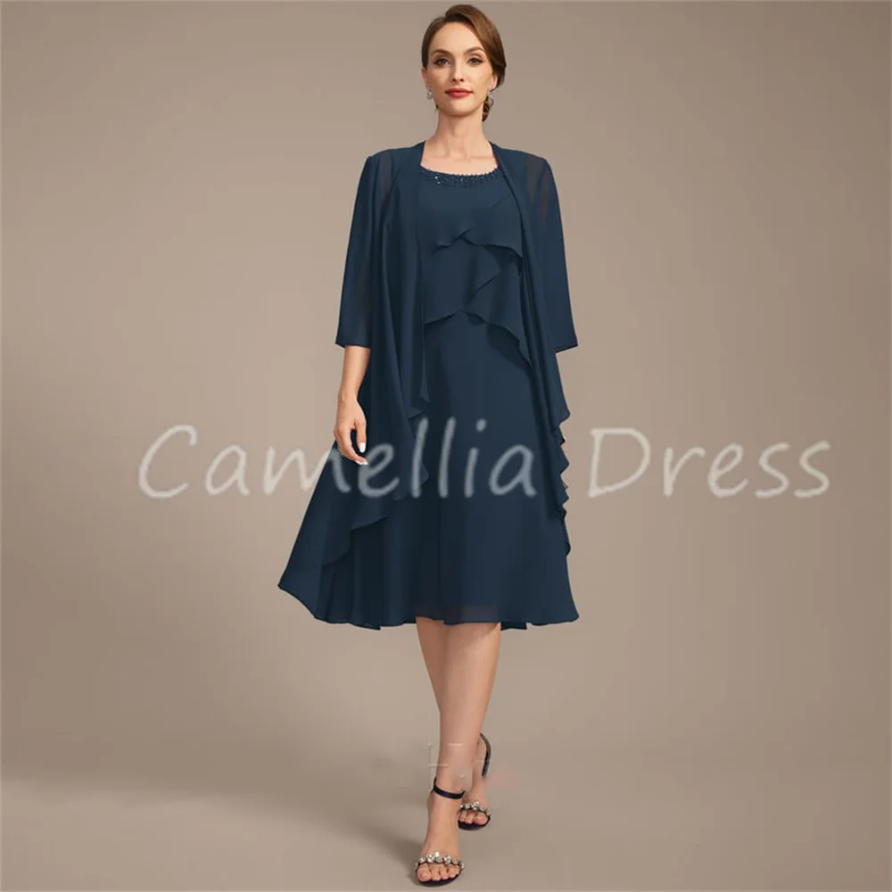 New A-line Scoop Neck Mother Of The Bride Dress Knee-Length Chiffon Formal Dresses With Beading Vestidos Mae Da Noiva Casamentos