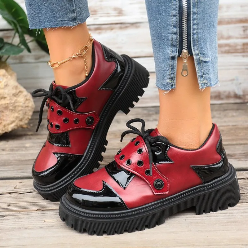 Platform Oxford Shoes Women Comfortable Plus Size 43 Lace Up Pu Leather Shoes Woman Red Thick Sole Loafers - view 6