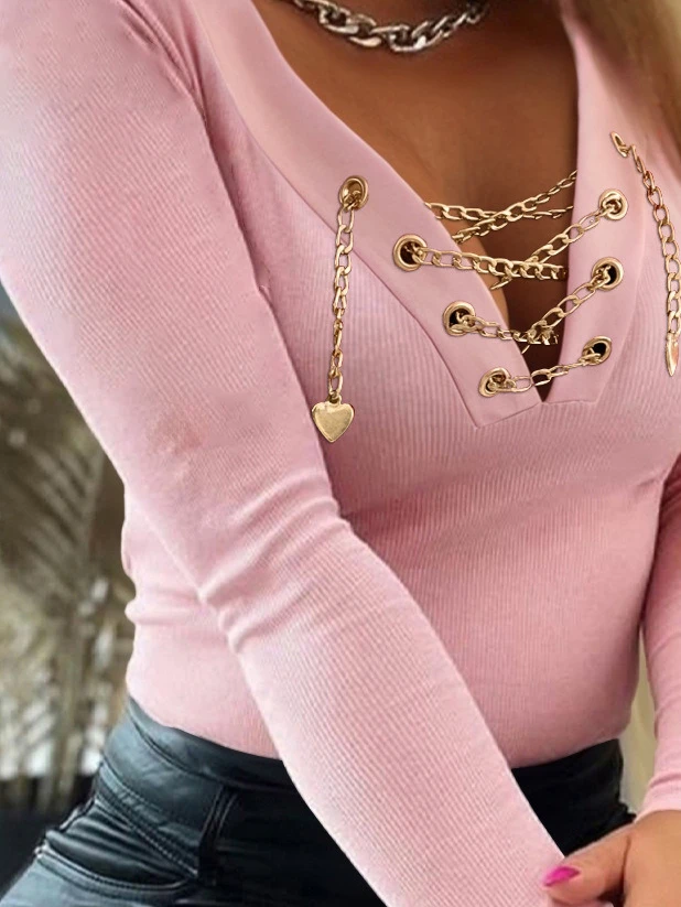 المرأة الصيف الخامس الرقبة طويلة الأكمام سلسلة ديكور تي شيرت عادية سليم صالح مضلع