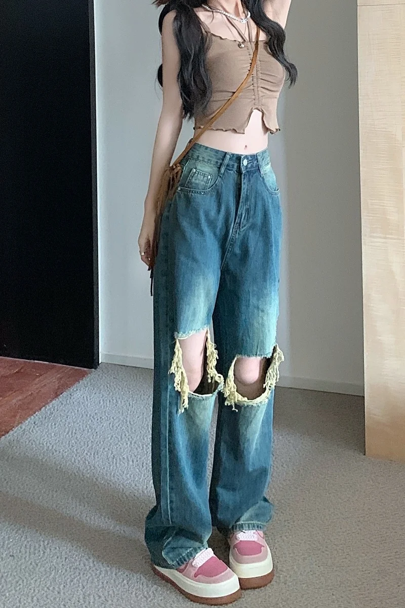 High Street Blue Hole Jeans High Waist Pants Women's Summer Loose Casual Straight Leg Wide Leg Pants Draping Feeling Made Old