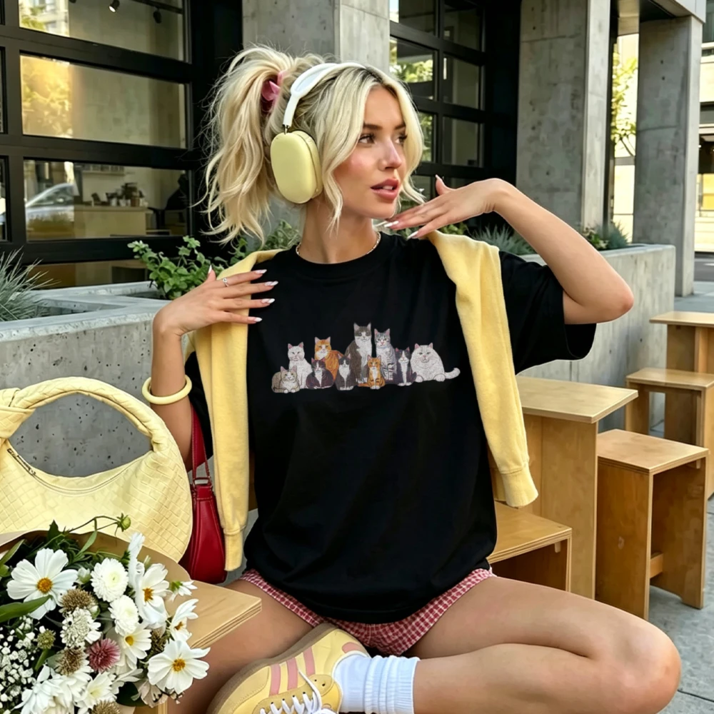 Multi Breeds Cats Group Portrait Graphic T Shirt Women Watercolor Various Kitten Print Casual Cotton Pet Collector Fashion Tops