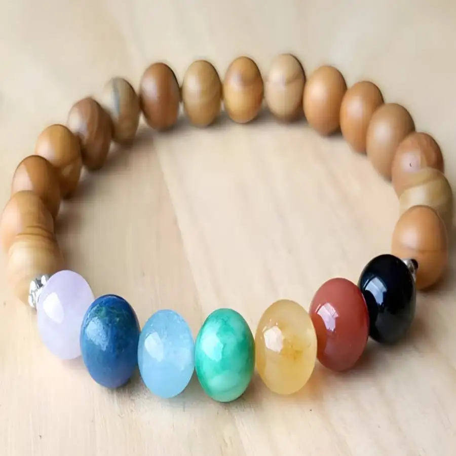 

8mm Natural 7 Chakra Beads Bracelet 7.5inch tassel Bodhi Prayer Yoga elastic Mala Buddhist Chakra Tibetan Men's Natural stone
