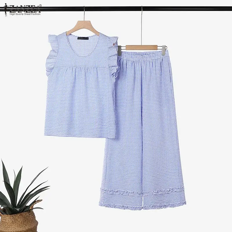 

ZANZEA Элегантный женский комплект в клетку: летний костюм из 2 предметов, модная блузка с коротким рукавом и оборками, широкие брюки, повседневный комплект из 2 предметов, коллекция 2026