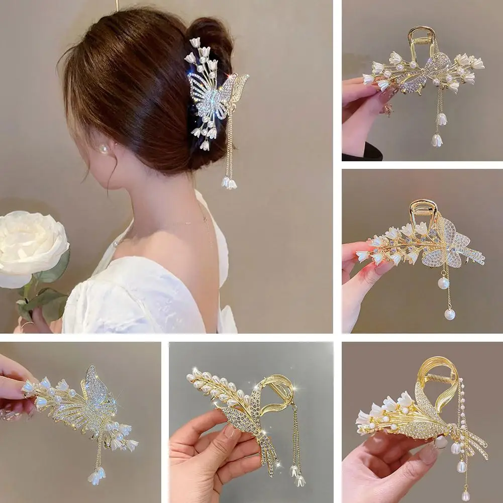 Advanced Pearl Flower Tassel Hair Claw For Women Cute Sweet Hair Clip Girls Fashion Elegance Headdress Exquisite Hair Acces T7D7